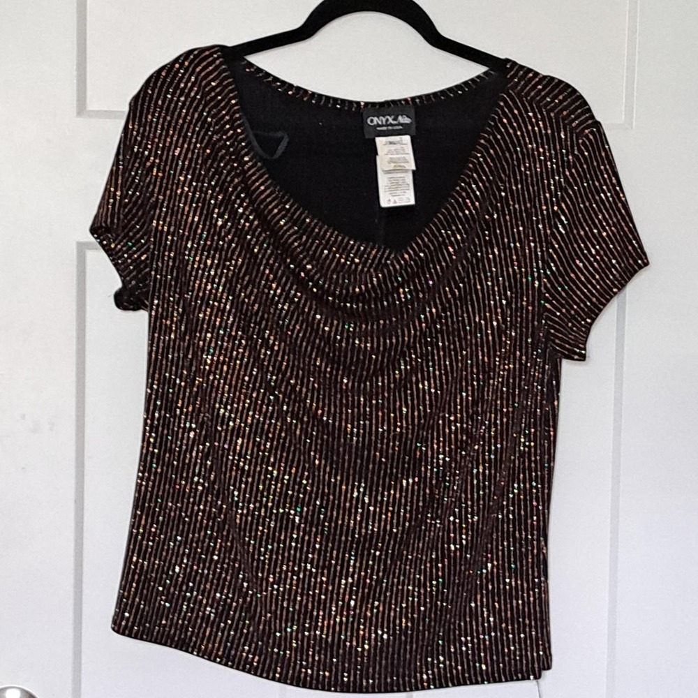 Onyx Nite Womens XL Black Metallic Striped Cowl Neck Blouse Short Sleeve USA